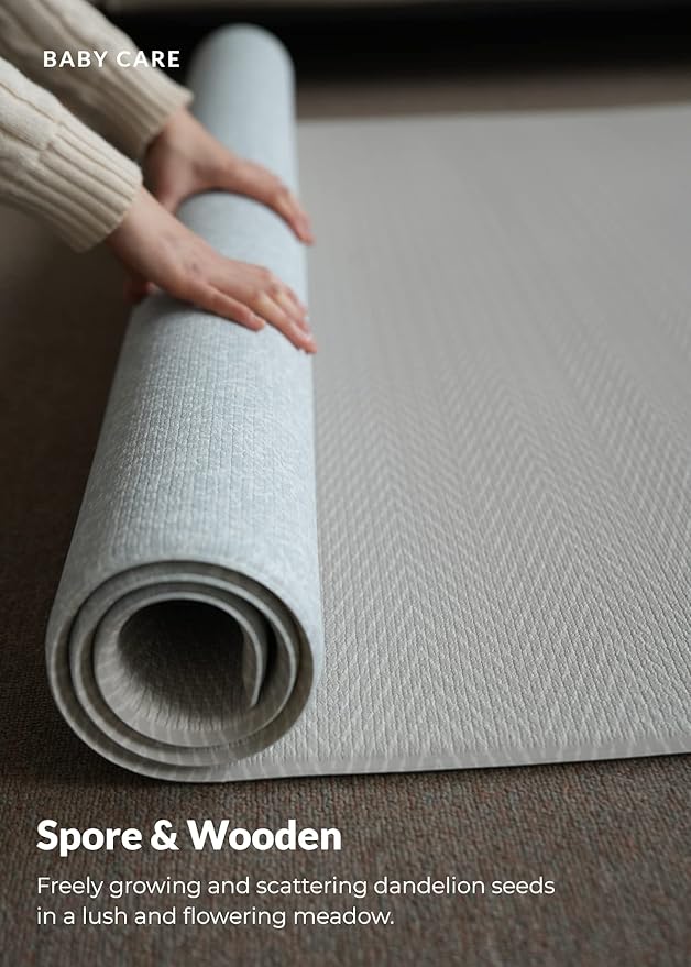 Baby Care Play Mat (Medium, Hygge - Spore & Wooden) 73’’ x 49’’ Original One-Piece Reversible Rollable Waterproof Play Mat for Infants, Babies, Toddler, and Kids