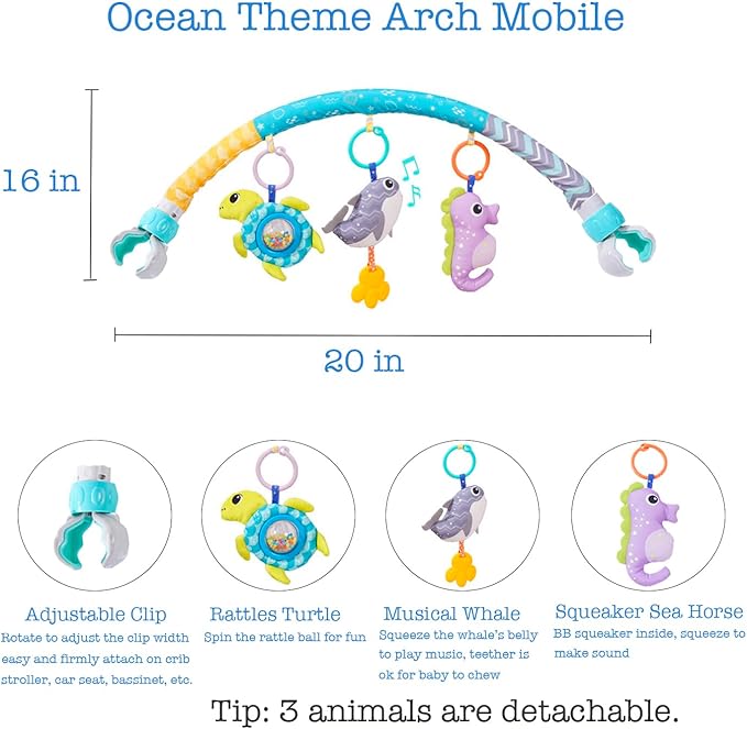 Baby Stroller Arch Toy, Clip On Arch Mobile for Bassinet with Universal Clamps, Activity Toy Bar for Bouncer Musical Crib Mobile Toys for Infants Car Seat Toys Rattle Turtle Music Whale