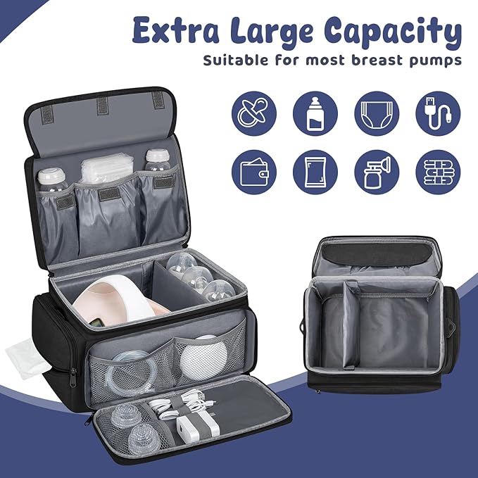 Breast Pump Bag for Spectra S1 S2, Pumping Bag with Waterproof Mat for Pumps Accessories, Portable Pump Carrying Case for Work, Travel and Family Use, Black
