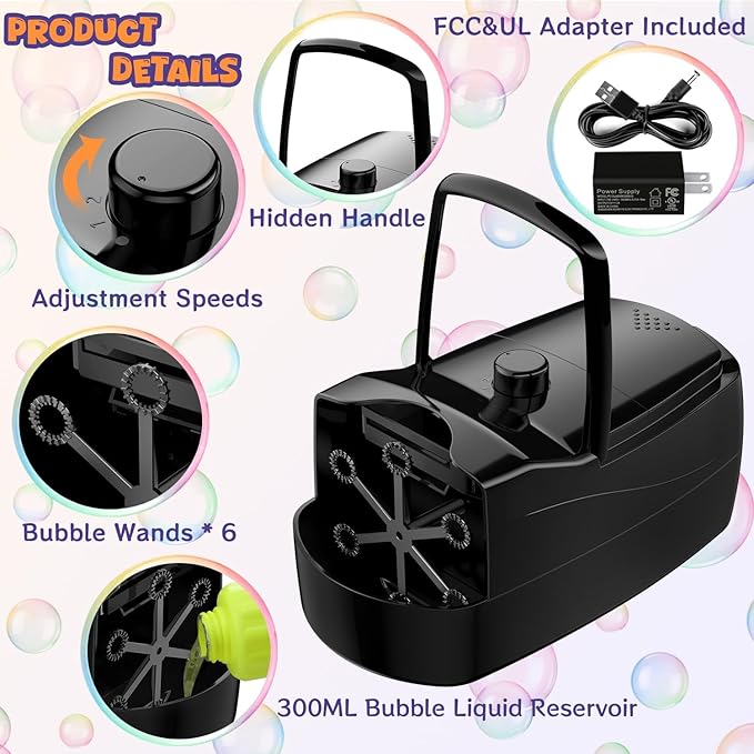 Bubble Machine - 18000+ Bubbles Per Minute, 2 Speed Settings, Battery/USB Powered Outdoor Bubble Blower for Toddlers, Birthday Parties, Weddings (Black)