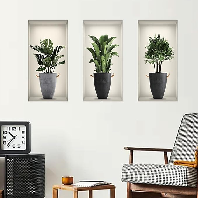 3D Green Pot Plants Wall Decals, Tropical Potted Wall Stickers, Creative Vinyl Peel and Stick Removable Wall Art Decor for Bedroom Living Room Kitchen(3D Green Plants 02)