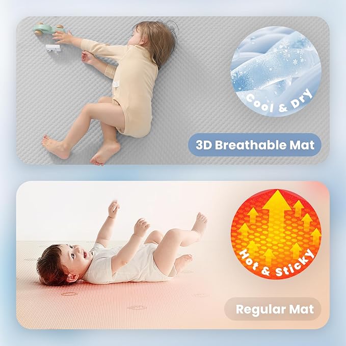 Baby Play Mat for Summer,1.3 Thick Memory Foam Cooling Floor Tummy Time Mat, Soft & Breathable, Non-Slip Rectangular for Toddlers’ Playtime & Rest(Grey,59"x79")