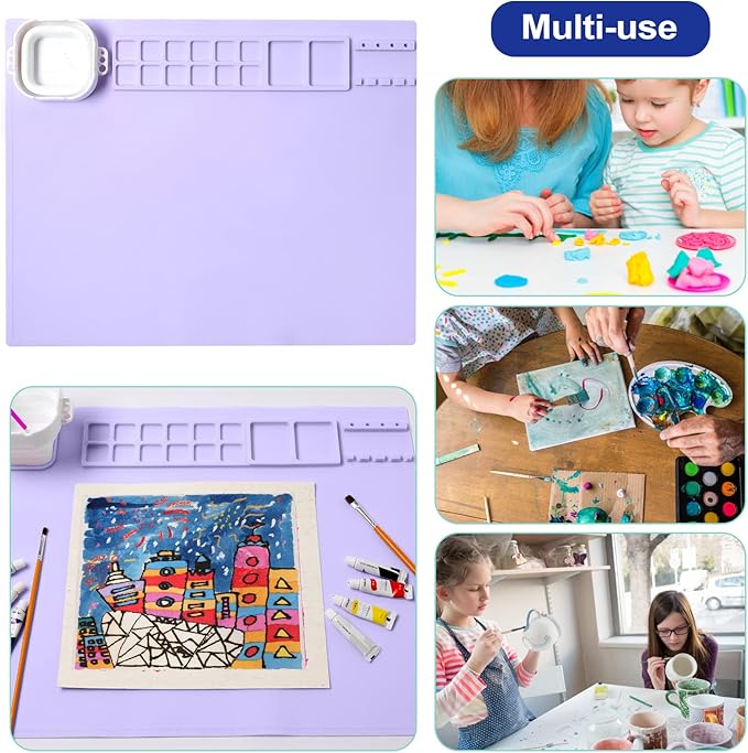 AWOKE Silicone Painting Mat - 20"X16" Silicone Art Mat with 1 Water Cup for Kids - Craft Mat has12 Color Dividers - 2 Paint Dividers (Purple)