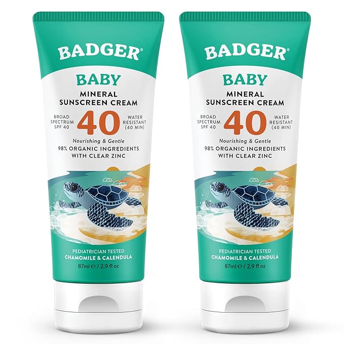 Badger Mineral Baby Sunscreen Cream SPF 40, 98% Organic Toddler Sunscreen with Zinc Oxide, Broad Spectrum, Reef Safe, Water Resistant, Pediatrician Tested Baby Sunblock, 2.9 fl oz, 2-Pack