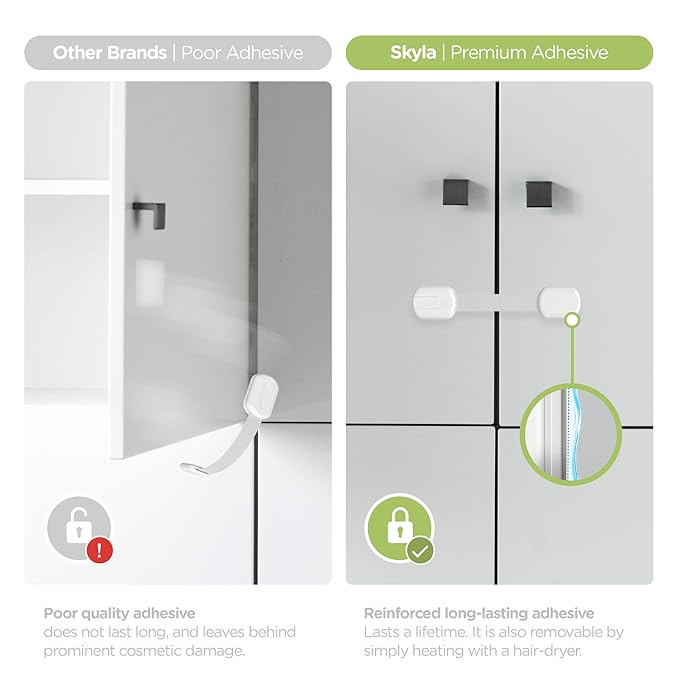 Baby Proofing Child Safety Locks (2 Pack) by Skyla Homes - The Safest, Quickest and Easiest 3M Adhesive Cabinet Latches, No Screws & Magnets, Multi-Purpose for Furniture, Kitchen, Ovens, Toilet Seats