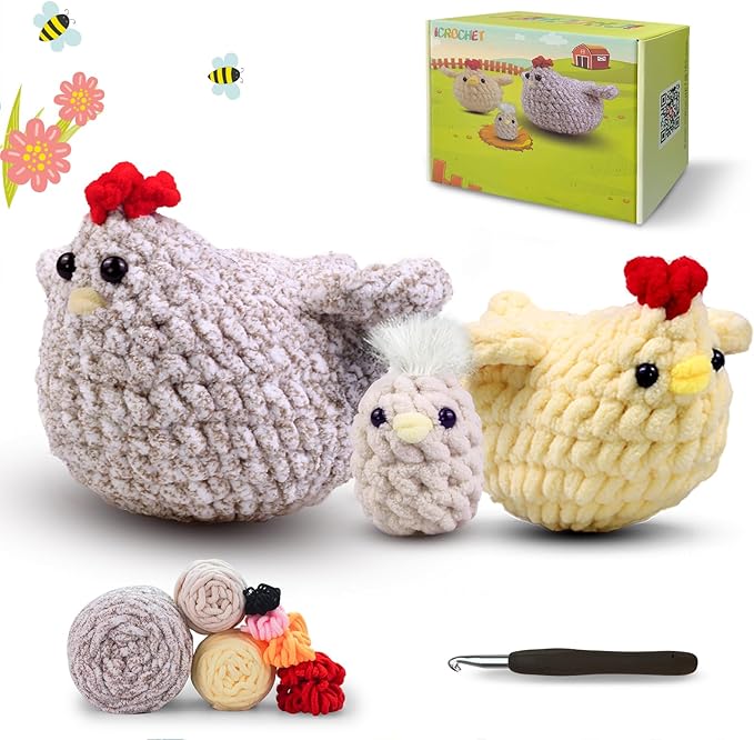 Crochet Kit for Beginners,Chicken Crochet Starter Kit with Step-by-Step Video Tutorials,Crochet Animal Kits for Adults Kids,Chicken Crocheting Set Complete Included