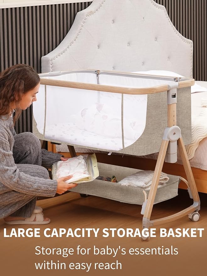 Baby Bassinet, Bassinet Bedside Sleeper with Waterproof Bassinet Sheets and Soft Mattress, Safe Adjustable Height Bedside Bassinets with Wheels, Girl/Boy Bassinets, Khaki