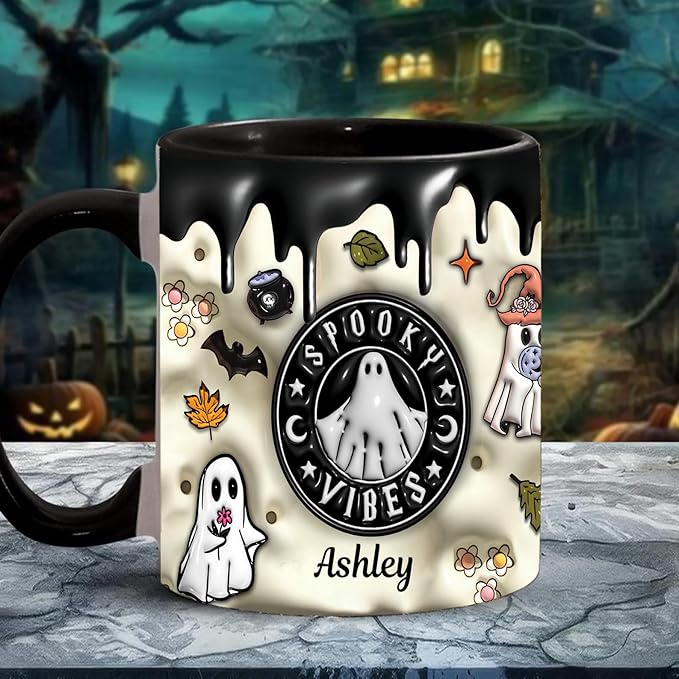 Custom Halloween Coffee Mug with Names, Pumpkin Coffee Cup, Personalized Ghost Ceramic Coffee Mug, Spooky Vibes Trick Or Treat Halloween Accent Mug, Spooky Season Gift for Women Men 11 Oz