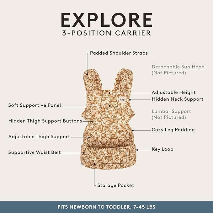Baby Tula Explore Carriers - Breathable Baby Carrier Newborn to Toddler - Adjustable Toddler Carrier - Multiple Ergonomic Positions Front and Back - Ergonomic Fit for 7-45 lb - Hemp, Mariam