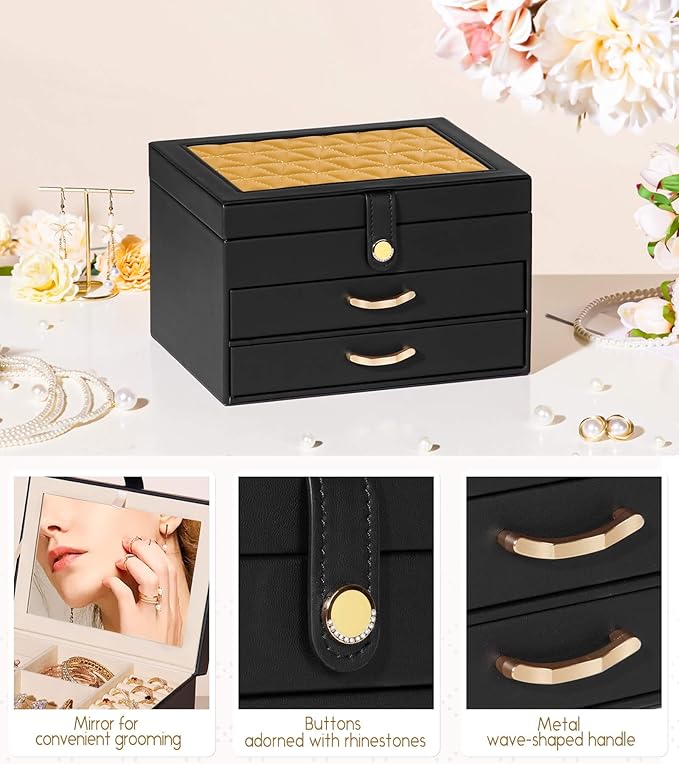 Black Jewelry Box Organizer: Home Decor for Women - 2-Drawer Holder for Valentine’s Day Birthday Christmas Black Gold