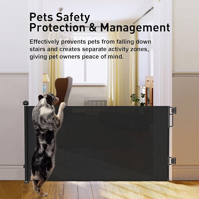 Cumbor Retractable Baby Gates for Stairs, Mom Choice Award Winner-55 Wide Mesh Dog Gate for Doorways, 34" Tall Easy to Use Pet Fence for The House, Toddler Safety Essentials Indoor&Outdoor, Black