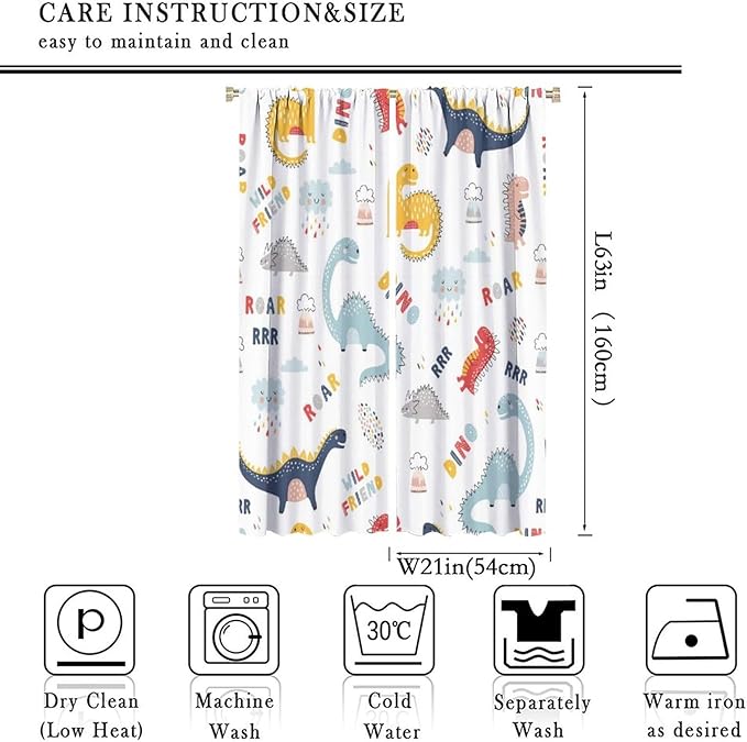 Cartoon Dinosaur Curtains for Kids Boys Girls Home Decor Colorful Cute Dino Animals Print Pattern Rod Pocket Blackout Window Drapes for Nursery Baby Bedroom Playroom W21xL63in 2 Panels