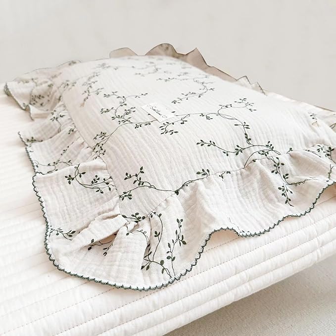 BuLuTu 100% Cotton Muslin Floral Pillowcase Standard Size Soft Breathable Gauze Cotton Kids Teens Pillow Cases 20"x26", Durable Pillow Cover, 1 Piece, Vine Pattern, Machine Wash