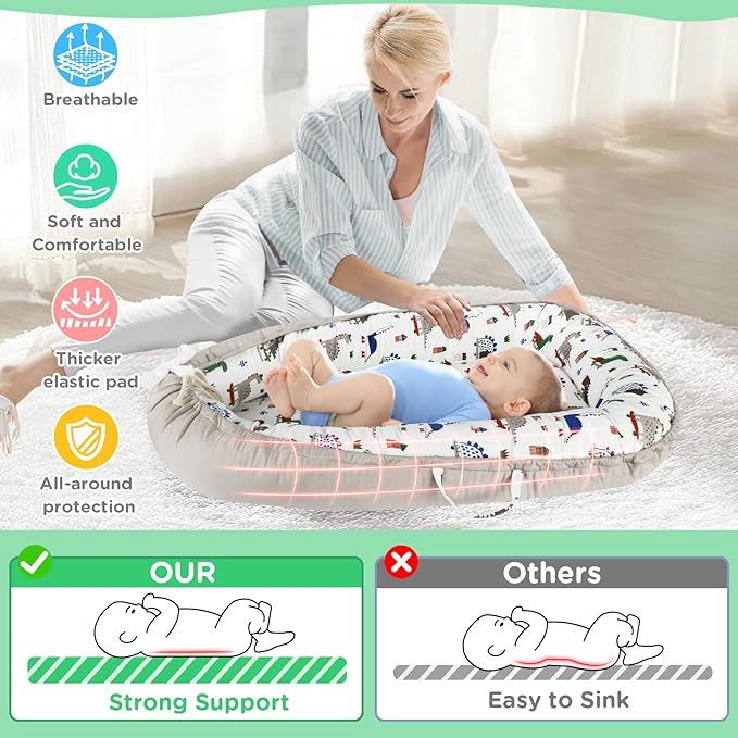 Baby Lounger - Baby Lounger for Newborn 0-24 Months, Breathable and Soft Cotton Cover Baby Nest, Portable Cozy Tummy Time Lounger for Home and Travel, Ideal Baby Essentials & Shower Gifts