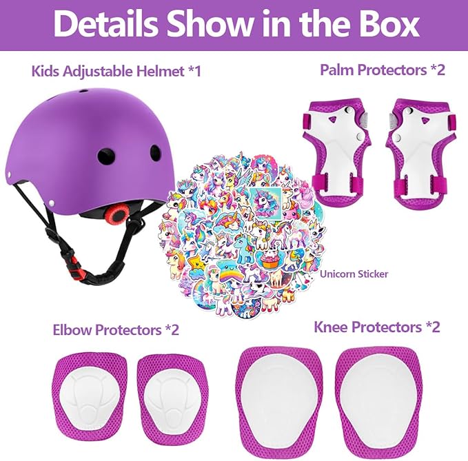 Kids Bike Helmet with Knee Elbow Wrist Pads Guards,Pink,for Ages 2-3-5-8-14,Sports Bicycle,Skate Scooter,Rollerblading with Unicorn Sticker