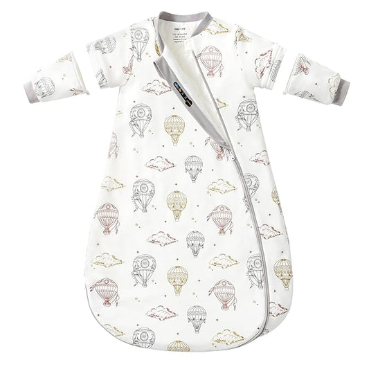 Baby Sleep Sack 18-24 Months, Cotton Detachable Long Sleeve Sleep Sack, 1.0 Tog Toddler Sleeping Sack with Temperature Strips, 2-Way Zipper Wearable Blankets for Newborns, Hot Air Balloon