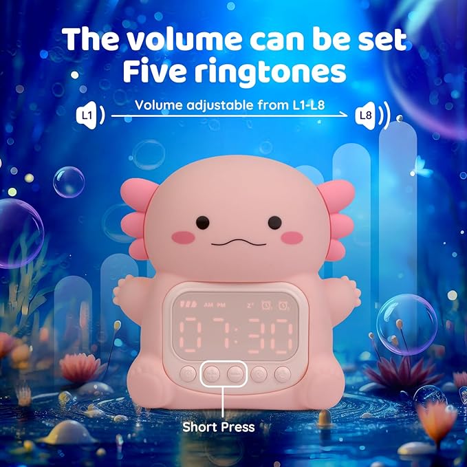 Axolotl Alarm Clock with Night Light for Kids, Rechargeable Silicone Lamp Time to Wake Clock，Cute Animal Tabletop Lamp, Perfect Sleep Companion for Boys Girls