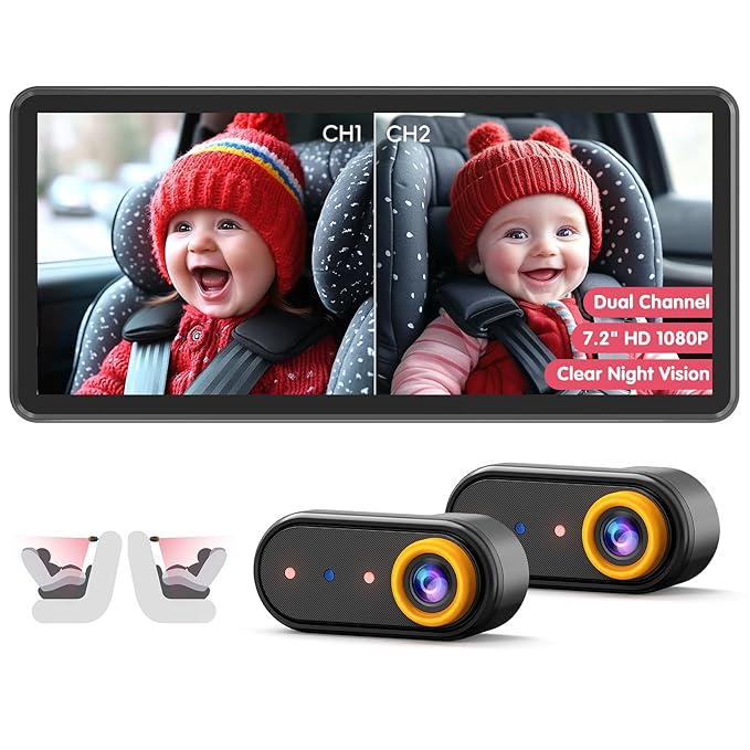 BM5 PRO Baby Car Camera for 2 Kids, 7.2" 1080P Dual Channel Display for Car Seat, Easy Installation with 2 IR Night Vision Cameras, Rear Seat Safety for Babies and Pets