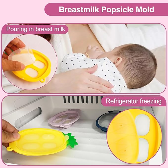 Baby Fruit Food Feeder - Silicone Nibble Tray Combo - Breastmilk Popsicle Mold for Cooling Relief, BPA Free Mesh Feeder for Infant Self Feeding (Deer Pink + Pineapple)