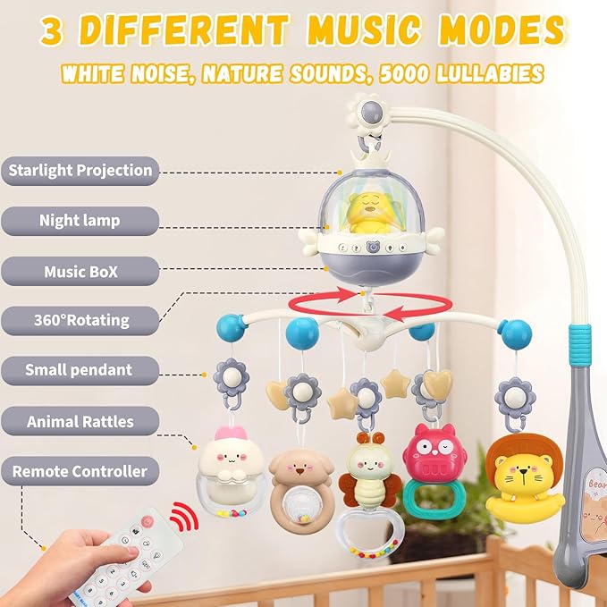 Baby Crib Mobile with Night Lights and Music,Hanging Mobile for Crib Bassinet with Rotation, Projection,Remote Control,Babies Crib Toys for Nursery Newborn Infant Boys Girls (Gray)
