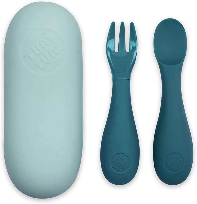 Baby Cutlery with Case, Baby Spoon & Fork Set, Baby Cutlery for Babies, First self Feeding Cutlery, Silicone Baby Spoon & Fork, 6 Months Plus, (Blue)