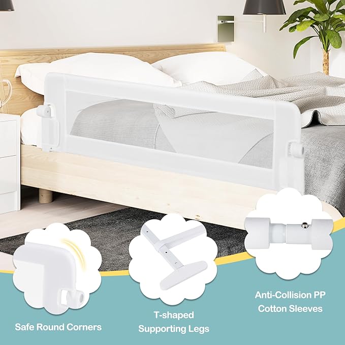 BABY JOY Double Sided Bed Rail Guard, 2 Pack, Extra Long, Swing Down for Convertible Crib, Folding Baby Safety Bedrail for Kids Twin Full Size Queen King Mattress, Rails for Toddlers (White, 60")