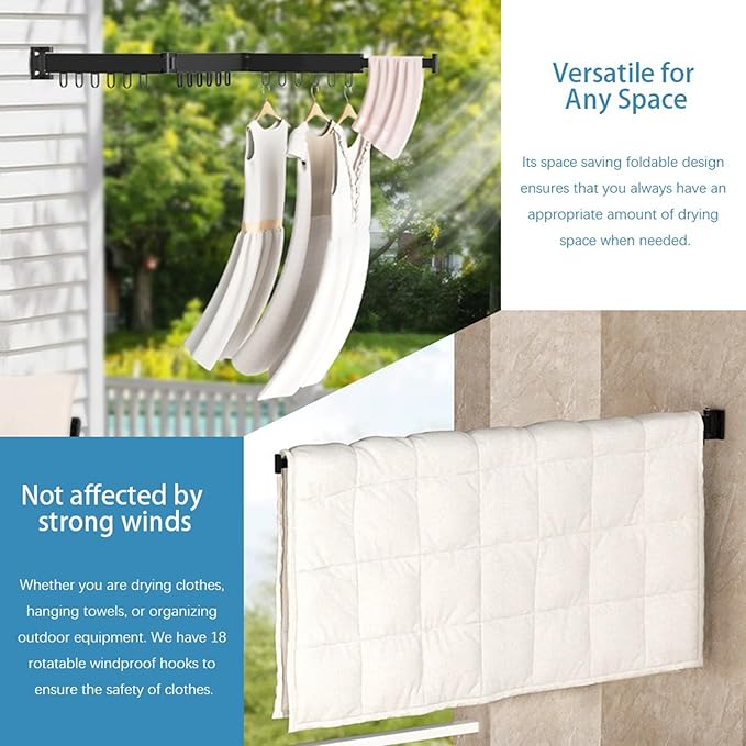 Clothes Drying Rack Wall Mounted,Space Saving Wall Drying Rack,Retractable Collapsible Tri-Fold,for Bathroom,Balcony,Outdoor lndoor with Laundry,Black