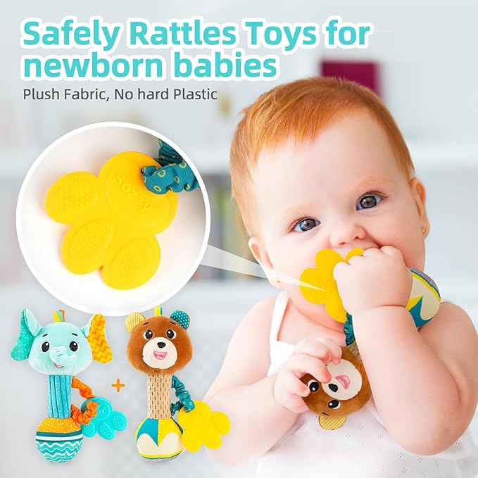 Baby rattles 0-6 months, Set of 2 rattles for babies 0-6 months, Soft Stuffed Animal Rattle Hand Grip Baby Toys, baby rattle Shaker Crinkle Squeaky Sensory Travel Accessories for 0 3 6 9 12 Months old
