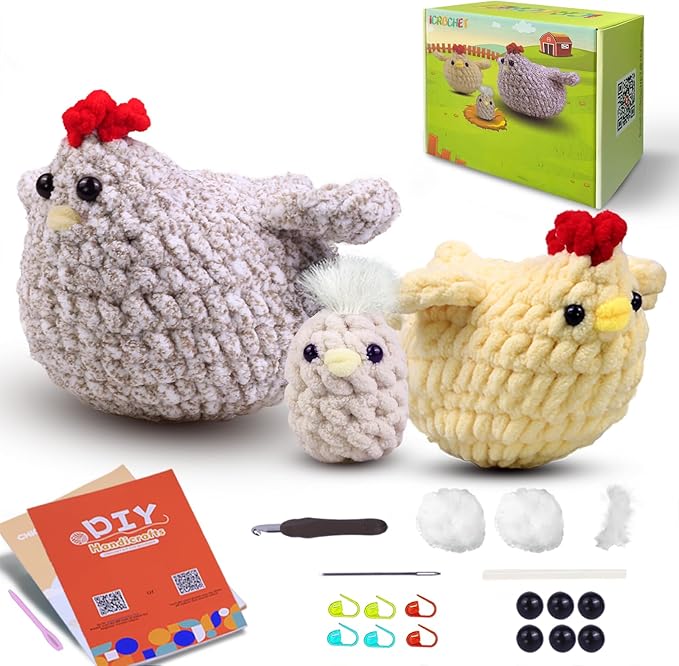 Crochet Kit for Beginners,Chicken Crochet Starter Kit with Step-by-Step Video Tutorials,Crochet Animal Kits for Adults Kids,Chicken Crocheting Set Complete Included