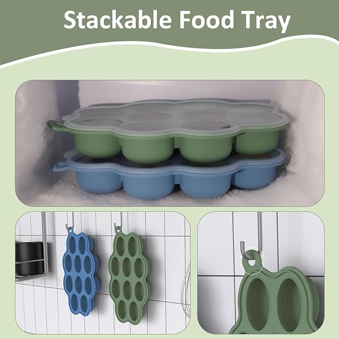 Baby Food Storage Container 2 Pack Silicone Freezer Tray Breast Milk Molds for Homemade Baby Food, Fruit Purees, Vegetable - Keep Your Baby's Meals Fresh and Safe (Matte Blue + Green)