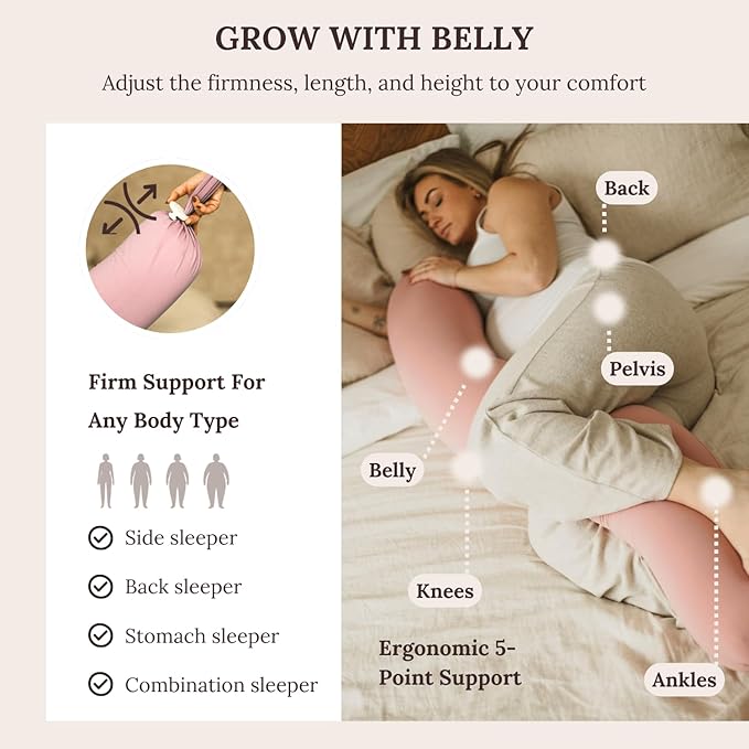 Cuddobaby Pregnancy Pillow 5-in-1 【Cooling Cover, Adjustable Firmness】 Patented Lock Design, Turn into O-Shape Nursing Pillow, 5-Point Full Body Support, Maternity Pillow with Travel Bag - Pink
