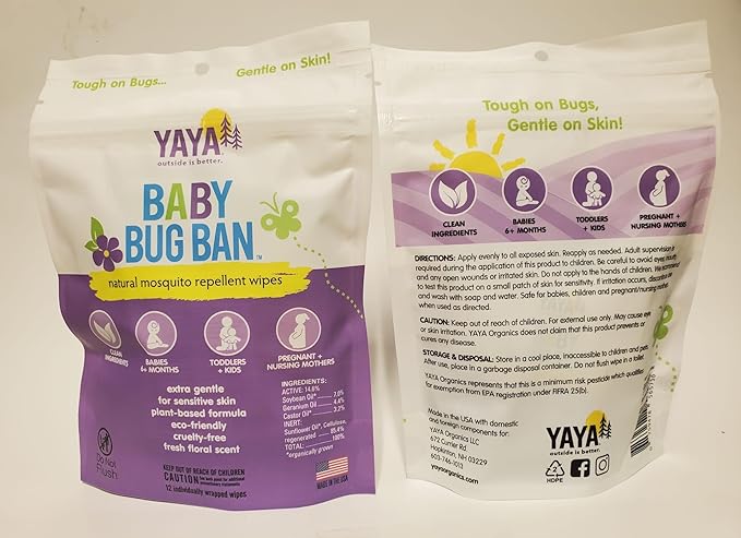 YAYA ORGANICS Baby Bug BAN Insect Repellent Wipes – All-Natural, DEET-Free, Non-Toxic, for Babies, Kids and Sensitive Skin (24 Count, Pack of 2)