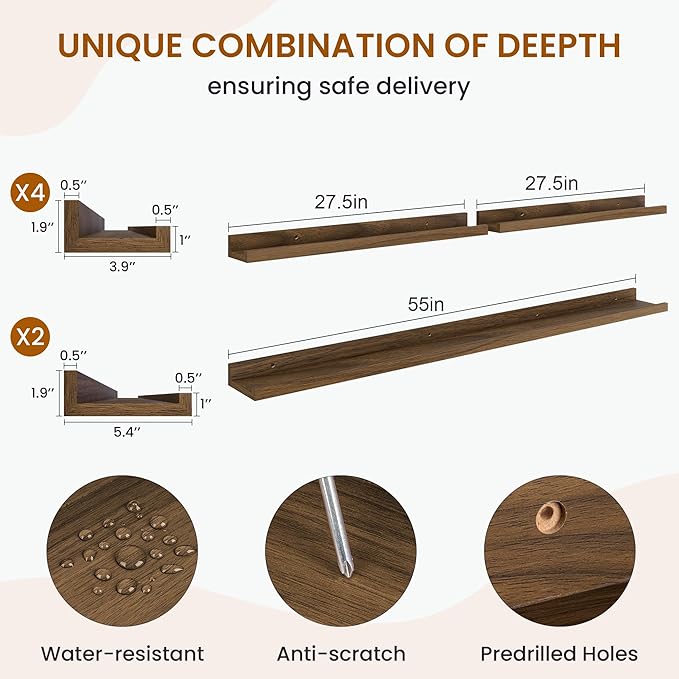 Axeman Picture Ledge Shelf, Floating Shelves for Wall Decor Storage Set of 6, 55 inch Floating Wall Mounted Shelves, Wall Shelves with Lip for Living Room, Bedroom, Nursery, Bathroom, Kitchen, Walnut