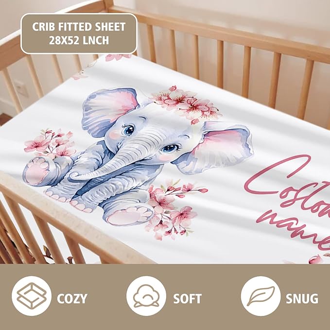 Custom Name Crib Bedding Set - Elephant Theme, Personalized Pink Flower Pattern Nursery Bedding 3-Piece Set– Soft Blanket, Fitted Sheet, Changing Pad Cover – for Newborns Girls Nursery Gifts