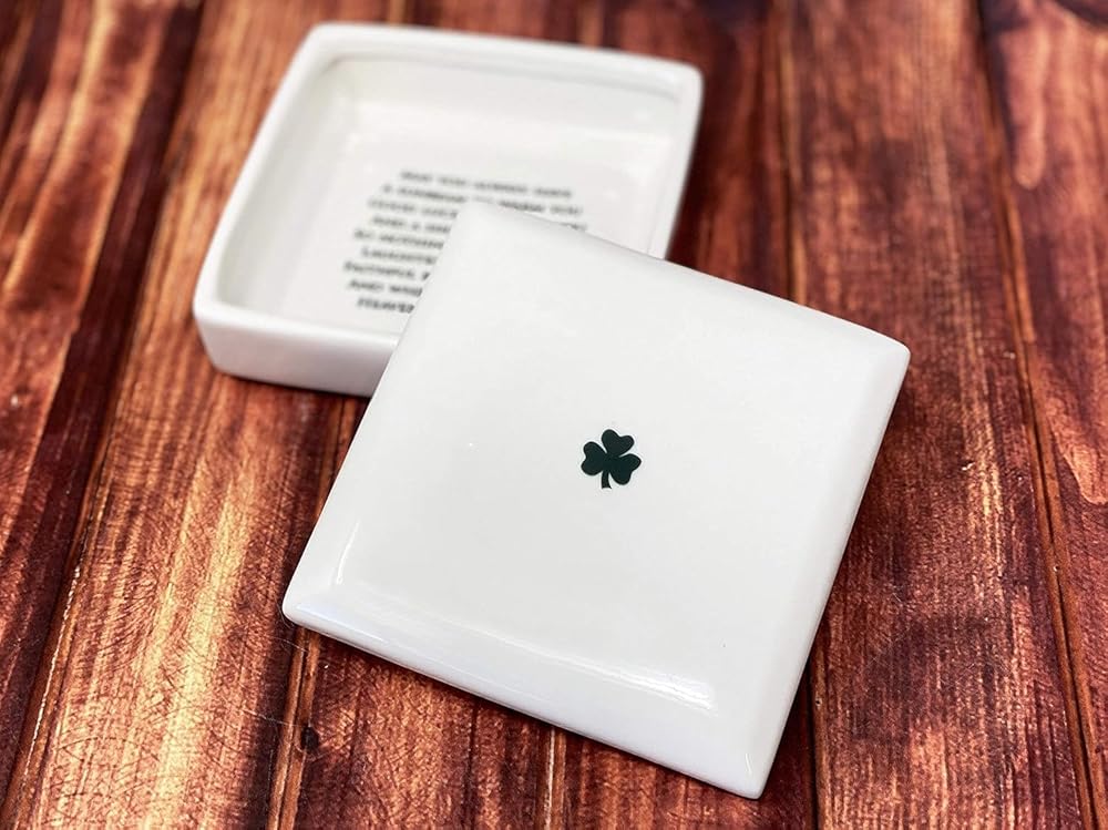 Baptism Gift, First Communion Gift, or Confirmation Gift – Square Ceramic Keepsake Box with Irish Blessing and Shamrock in Green