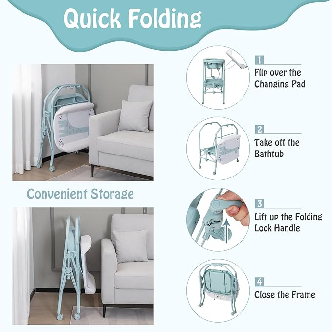 BABY JOY Baby Bathtub with Changing Table, Foldable Infant Diaper Changing Station with Storage Tray, Waterproof Pad, Portable Newborn Nursery Organizer Bath Stand with 4 Universal Wheels (Blue)