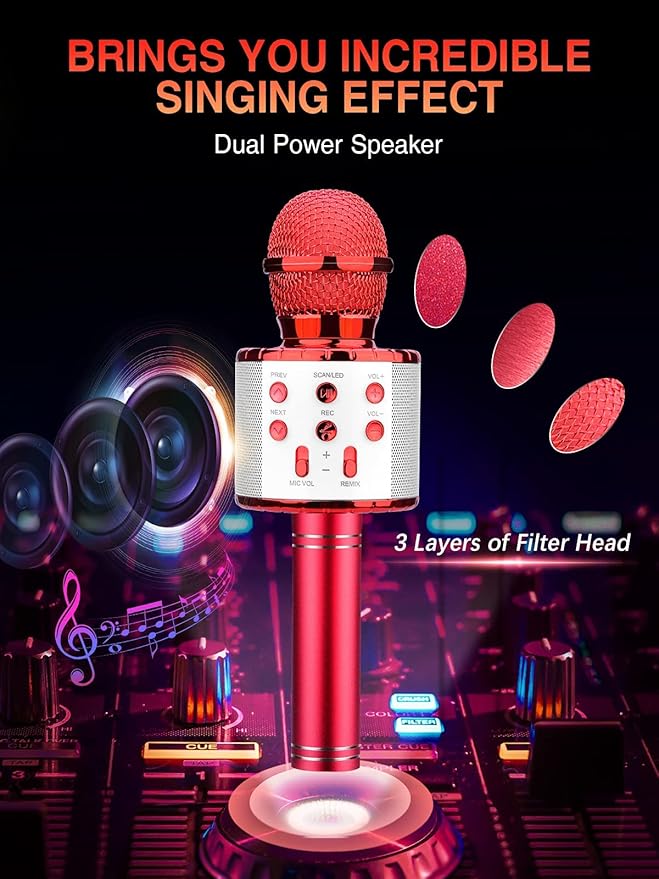 BlueFire 4 in 1 Karaoke Wireless Microphone with LED Lights, Portable Microphone for Kids, Great Gifts Toys for Kids, Girls, Boys and Adults (Red)