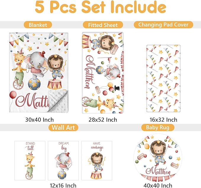 Custom Baby Crib Bedding Set, 5 Pcs Personalized Name Baby Crib Set with Double Layer Blanket, Soft Circus Animals Nursery Bedding Set for Girls Boys, Customized Gifts for Infants Toddlers