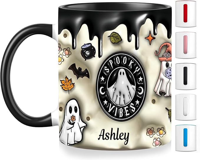 Custom Halloween Coffee Mug with Names, Pumpkin Coffee Cup, Personalized Ghost Ceramic Coffee Mug, Spooky Vibes Trick Or Treat Halloween Accent Mug, Spooky Season Gift for Women Men 11 Oz