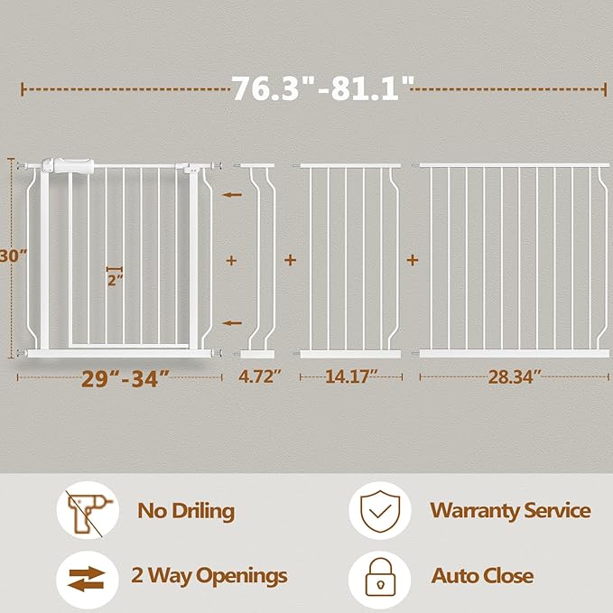 Baby Gate for Doorways Stairs Hallway 76.3-81.1 Inch Wide, Walk Through Child Gates with Pressure Mounted Extention Kit, Indoor Safety Child Gates for Kids or Pets