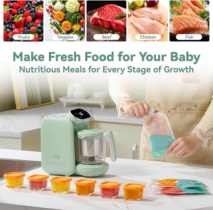 Baby Food Maker, 5 in 1 Baby Food Processor with Steaming Basket, Auto Cooking & Grinding, Touch Screen Control, Baby Steamer and Blender, Baby Food Puree Maker Warmer Mills Machine (Green)