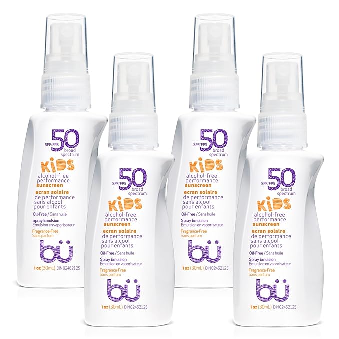 BU SPF 50 Fragrance Free Kids Sunscreen Spray for Face and Body, TSA Travel Size Sunscreen, Clear Non Aeorsol Spray, Non Greasy, Water Resistant and Oil Free, 1 oz (4-pack)