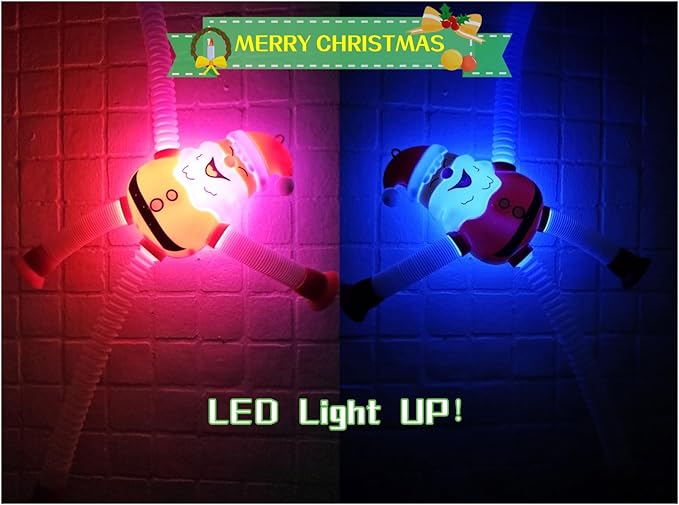 Christmas LED Pop Tubes Light Up 4 Pcs Sensory Fidget Toys, Telescopic Suction Cup Santa Toys Autism Christmas Party Favors Game Prizes Goody Bags Stocking Stuffers Treats for Kids 3+ (Christmas)