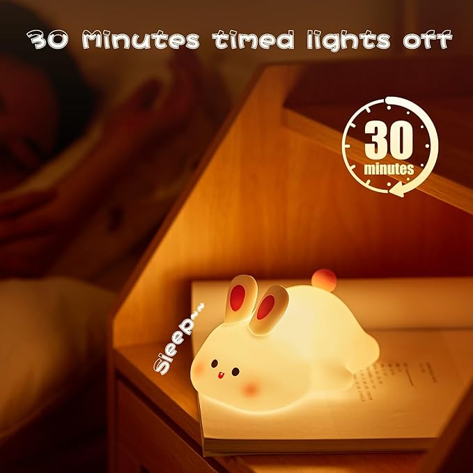 Big Face Rabbit Night Light, Adorable LED Bunny Night Lamp, Silicone Dimmable Nursery Nightlight for Girls, Silicone Rechargeable Bedside Touch Night Lights for Easter Decor