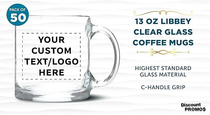 Custom Libbey Clear Glass Coffee Mugs 13 oz. Set of 50, Personalized Bulk Pack - Perfect for Coffee, Tea, Espresso, Hot Cocoa, Other Beverages - Clear Bottom