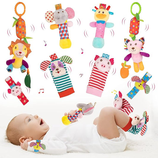 Baby Rattles Toys - Soft Hanging, Handheld & Foot Sock Rattles Set - Plush Stuffed Infant Toys for 0-3, 3-6, 6-12 Months - Newborn Gift