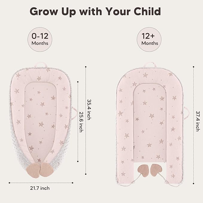 Baby Lounger - Infant Lounger Pillow for Newborn 0-24 Months, Soft, Breathable & Portable Baby Lounger Pillow for Boys & Girls, Cozy Baby Floor Seat for Home & Travel (Pink Star)