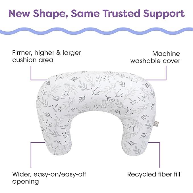 Boppy Nursing Pillow - Ergonomic Bottle & Breastfeeding Pillow with High, Firm, Large Area, Water-Repellent Cushion with Washable Cover; Baby Safety Alliance Verified - Gray Gentle Leaves