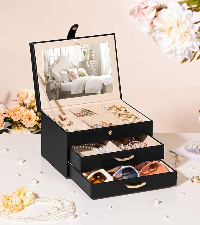 Black Jewelry Box Organizer: Home Decor for Women - 2-Drawer Holder for Valentine’s Day Birthday Christmas Black Gold