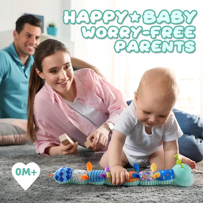 Baby Toys 0 to 12 Months, Musical Stuffed Animal Activity Soft Toy with Multi-Sensory Crinkle, Rattle and Textures, Infant Tummy Time Toys for Newborn Boys Girls, Caterpillar, Blue